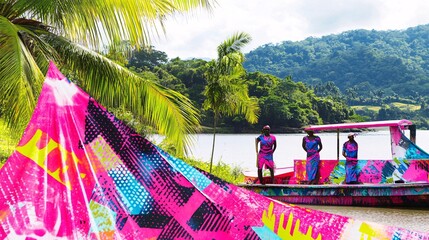 Vibrant Tropical River Journey: Women by a Colorful Boat with Lush Greenery