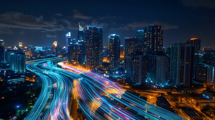 Smart city digital transformation development concept. Band lights over modern urban cityscape at night. New fast internet communication 5G technology. Fiber Optics