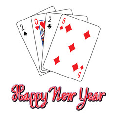 Illustration vector of 2025 Happy New Year with four playing cards two spade Queen heart two club and five diamond drawing in colorful vector
