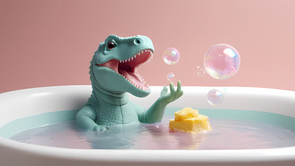 A dinosaur toy is playing in a bathtub filled with bubbles.