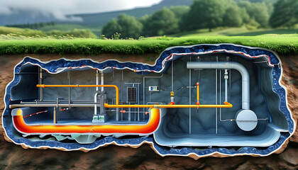 Underground geothermal system with pipes and water flow illustration