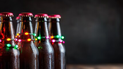 Festive beer bottles adorned with colorful lights on a dark background.