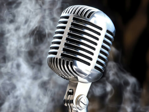 A vintage microphone with a smoky background, suggesting music, performance, or nostalgia.