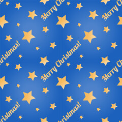 Christmas seamless pattern with gold lettering and stars on a blue background. Print, vector illustration