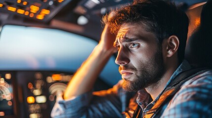 Pilot Under Pressure: A Glimpse into the Stressful World of Aviation.Concept of pilot error, aviation safety, stress, human factor in accidents, airline industry, air traffic control.