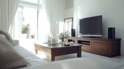 Modern living room with white curtains, a wooden coffee table, and a flat screen TV.