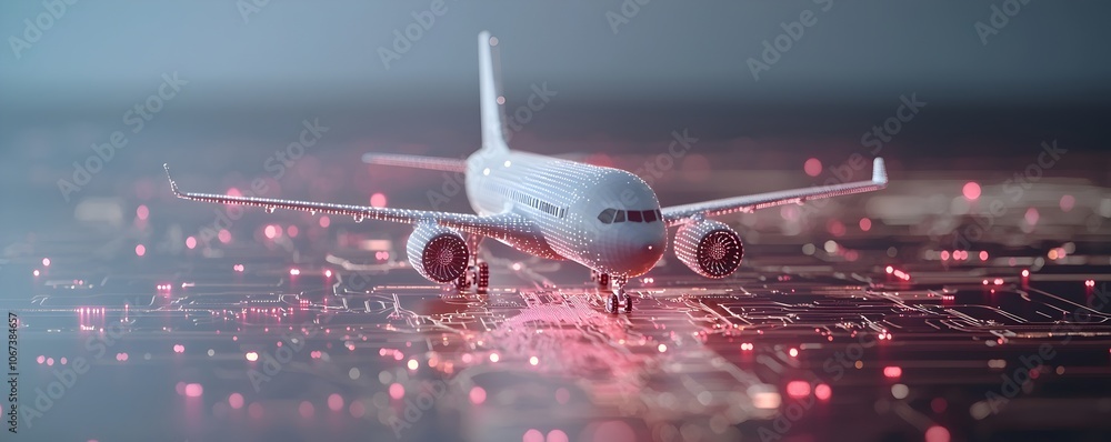 Poster futuristic plane navigating a pixelated miniature globe - exploring global connectivity in a digital