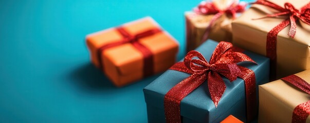 Obraz premium Colorful wrapped gifts adorned with ribbons are neatly arranged against a vibrant background, exuding a festive atmosphere.