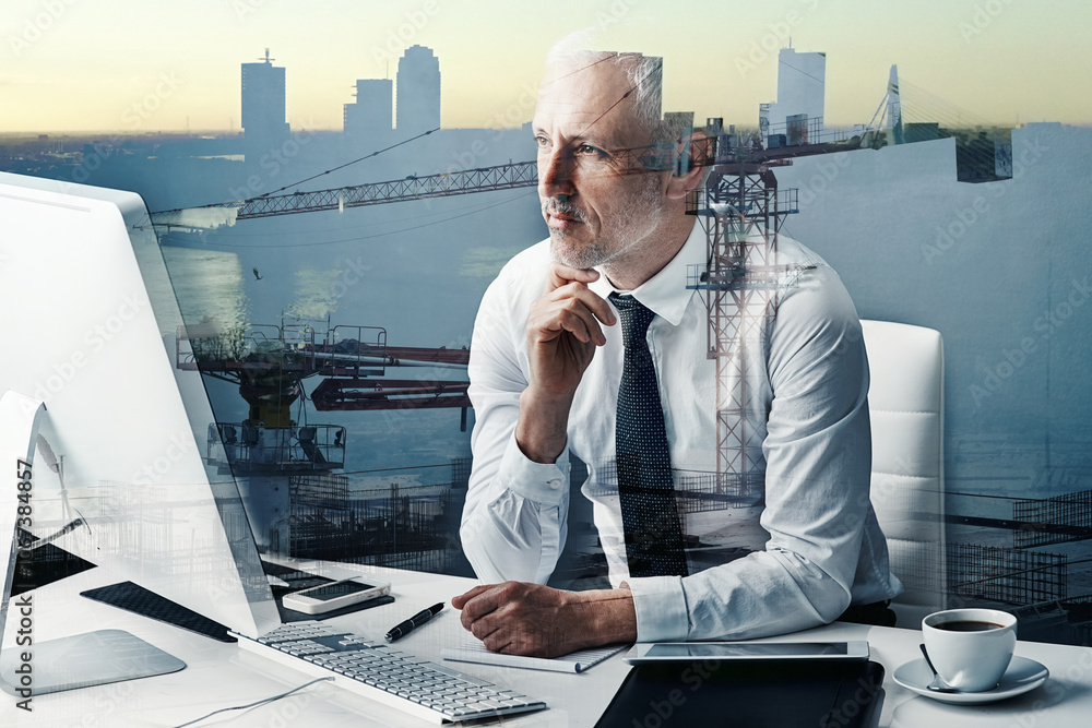 Poster thinking, computer and double exposure of city, man and ambitious in business, trader and planning. 