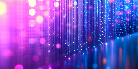 Obraz premium Purple and blue gradient lights arranged in vertical lines with glowing dots, creating an abstract futuristic tech-inspired background with vivid lighting effects.