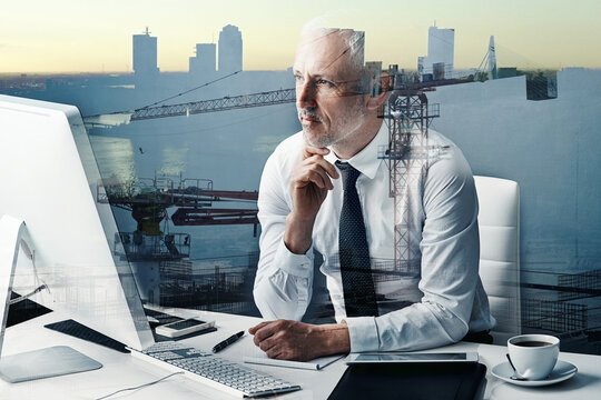 Thinking, computer and double exposure of city, man and ambitious in business, trader and planning. Buildings, contemplating and person with ideas for investment, serious and working in corporate