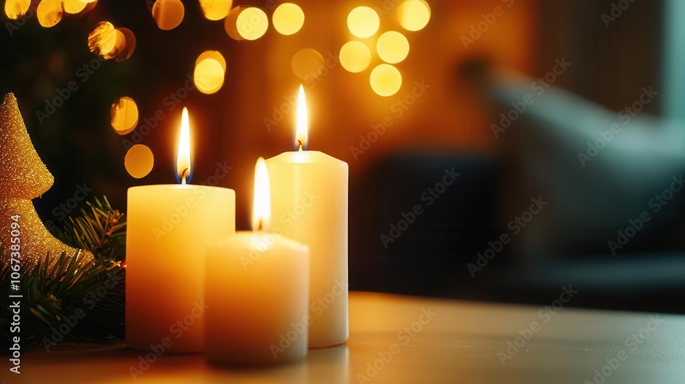 Poster three white candles glow warmly against a festive backdrop, creating a cozy and inviting atmosphere 
