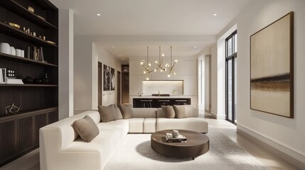 Fototapeta premium Modern living room with white sectional sofa, wooden coffee table, and abstract artwork