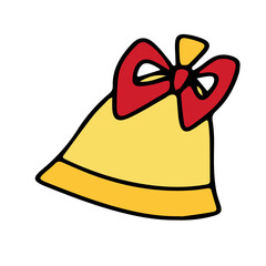 Cute Christmas bell with red bow. Yellow bell. Cartoon design element