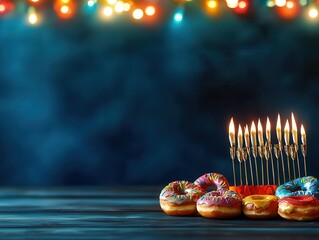A festive scene featuring colorful donuts and lit candles against a blurred background of twinkling lights, suggesting a celebration atmosphere.