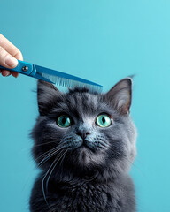 A gray cat with blue eyes on a blue background sucks at the hairdresser. Minimal composition for groomers.