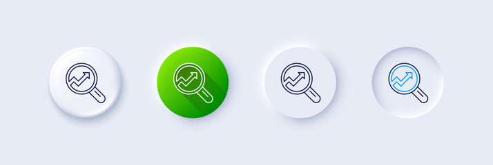 Chart line icon. Neumorphic, Green gradient, 3d pin buttons. Report graph or Sales growth sign in Magnifying glass. Analysis and Statistics data symbol. Line icons. Vector