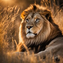 Obraz premium A majestic lion lying in the tall grass, basking in the warm sunlight.