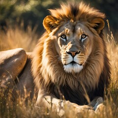 Fototapeta premium A majestic lion lying in the tall grass, basking in the warm sunlight.