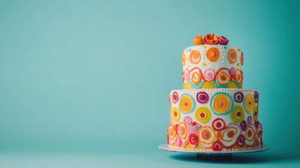 Retro-themed wedding cake with colorful spiral decorations for celebrations