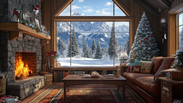 Cozy Winter Cabin Interior with Fireplace and Candlelit Christmas Decorations Overlooking Snow-Covered Mountain Landscape Through Rustic Window at Sunset, for lof-fi music - Powered by Adobe