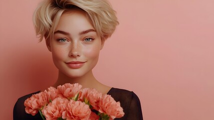 Photography of a woman standing with a bouquet of bright pink carnations, her expression joyful and warm, creating a lively scene, 4k resolution, Plain background, cinematic scene