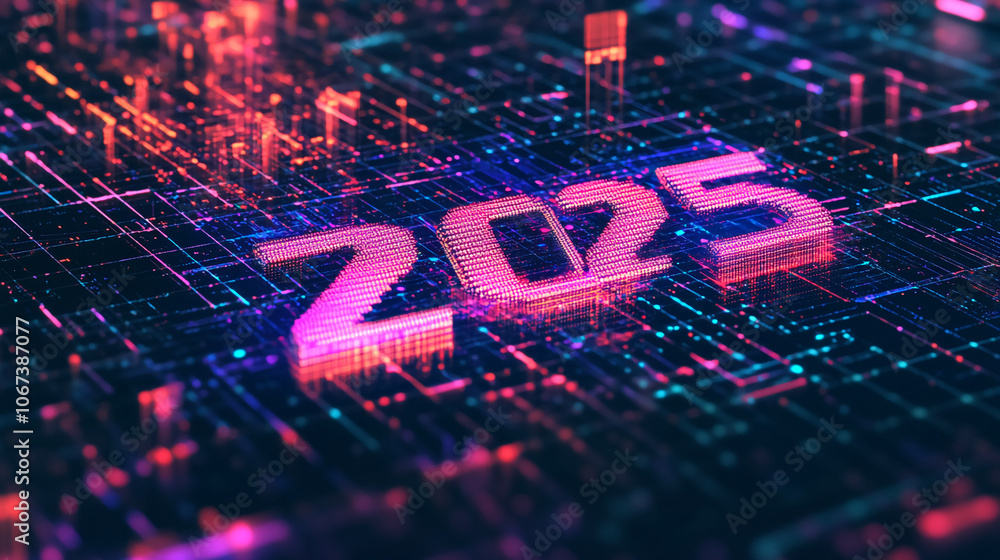Poster the year 2025 is displayed in a digital, 3d style, illuminated by glowing pink and blue lights on a 