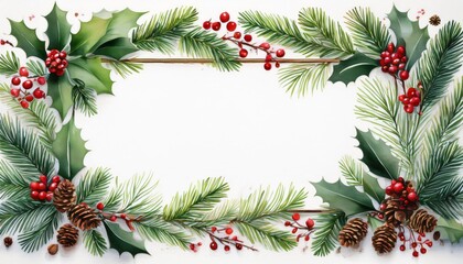 Festive christmas border with watercolor holly leaves, pine branches, red berries, and pine cones in a rectangular frame