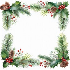 Festive watercolor christmas border with holly leaves, pine cones, and red berries on a white background