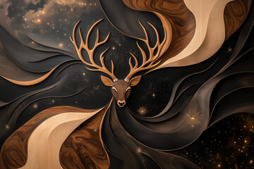  Fan art animal made from rich velvet tones and contrasting wood veneer, showing a majestic creature in a unique style
