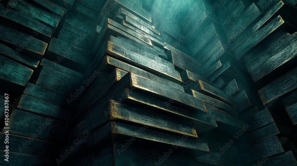 Poster intriguing abstract scene, a large pile of wooden blocks in dark room, creating textured patterns an