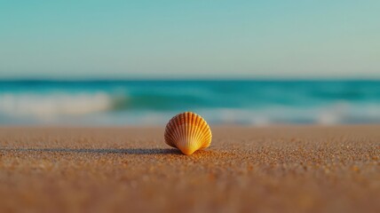 Macro shot of a seashell on the sand with ocean waves blurred in the background, Seashell with ocean background blur, Beachy and serene