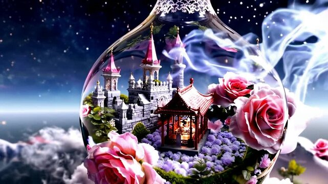 A panoramic sky garden rose world in a special-shaped transparent glass bottle, castle, roses,petals are flying, romance, dream, Greg lat Kosky, night, red rose Pavilion, art station trendbright light
