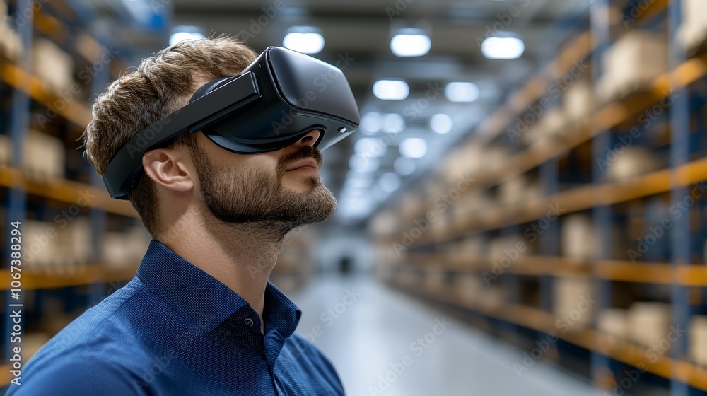 Poster man using virtual reality in warehouse, exploring immersive technology for industrial applications a