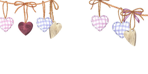 Garland of fabric and wooden hearts on a rope. Hand-drawn watercolor illustration. Seamless isolated pattern, banner, frame. For design, decor, cards. Valentine's Day collection