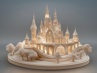 Fan art mystical white castle with inner lights, crafted from mixed materials, installation