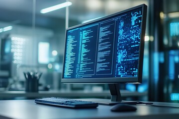 Dual monitors with code at night in modern office