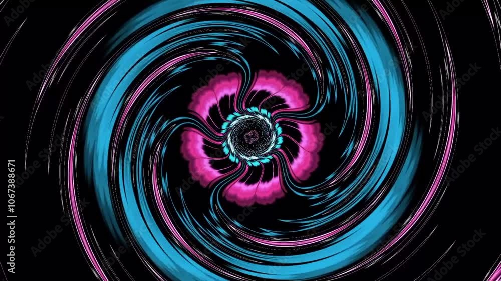 Poster abstract neon blue and violet flower fractal flowing on black background. modern loop able backdrop