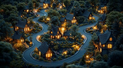 Fototapeta premium Explore the enchanting charm of a twinkling village nestled among lush trees at dusk