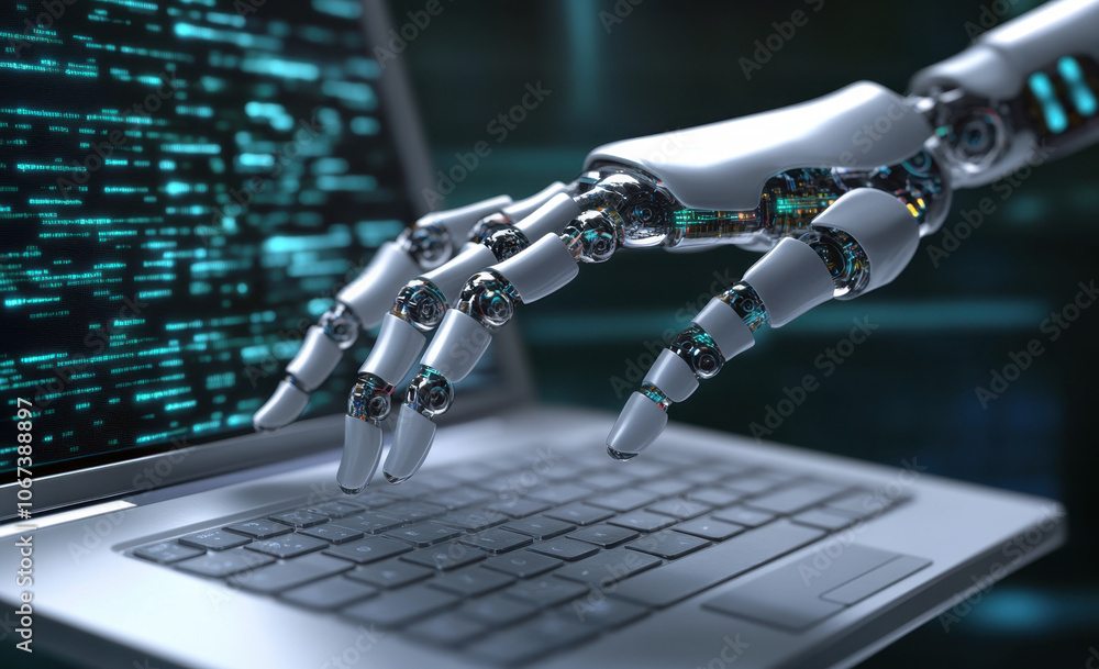 Poster the robot hand typing on an open laptop symbolizes the integration and interaction between artificia