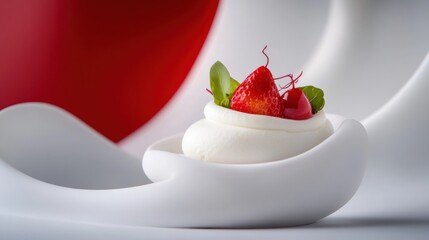 Elegant dessert with strawberries and cream on a modern white plate, AI