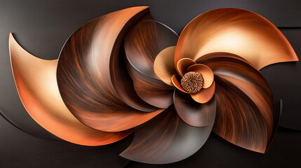 Fan art abstract piece with swirling shapes in dark velvet and wood veneer, capturing movement and energy