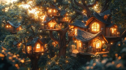 Obraz premium Explore enchanting treehouse communities illuminated by warm evening light in a magical forest setting