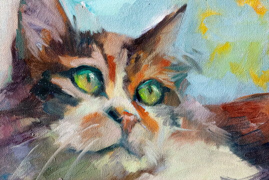Dipinto a olio di un gatto calico con grandi occhi verdi espressivi realizzato con pennellate artistiche e texturizzate