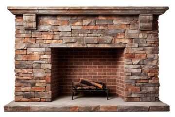 Fototapeta premium Brick stone fireplace brick hearth white background.