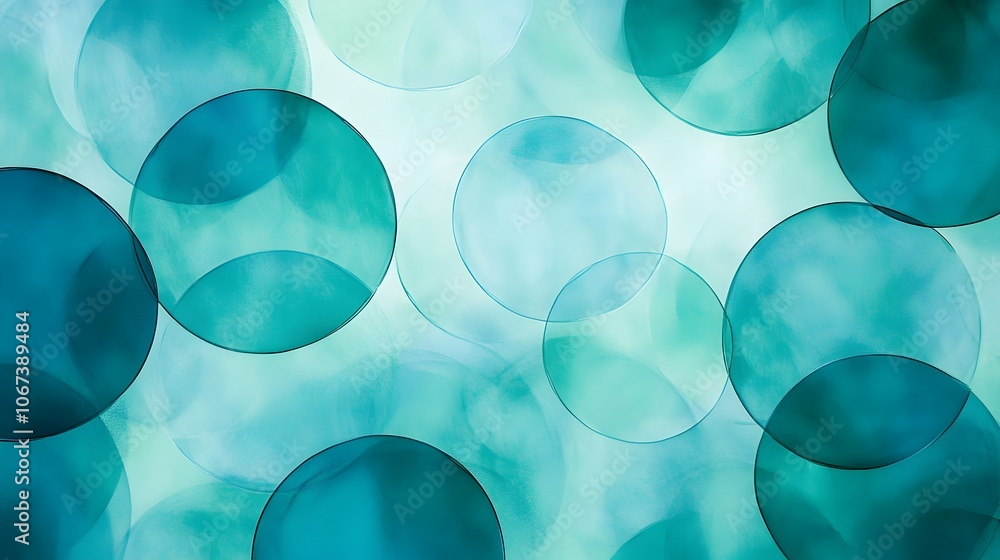 Poster Abstract digital art featuring overlapping translucent circles in shades of blue and green, symbolizing clean water and environmental harmony, 4k resolution