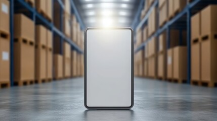 Modern technology meets warehouse logistics, cell phone with blank screen in industrial setting