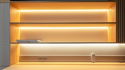 an office desk with built-in shelves and lighting