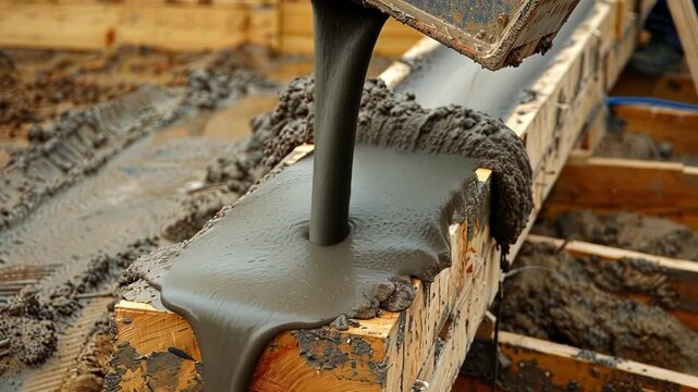 A cement mixer pouring liquid concrete into wooden forms to create the first layer of the retaining wall.