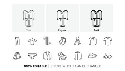 T-shirt, Footwear and bathrobe icons. Clothes line icons. Hoody sweatshirt, T-shirt with hanger and suit. Skirt, Women dress and high heels shoes. Socks, panties with bra and bathrobe. Vector